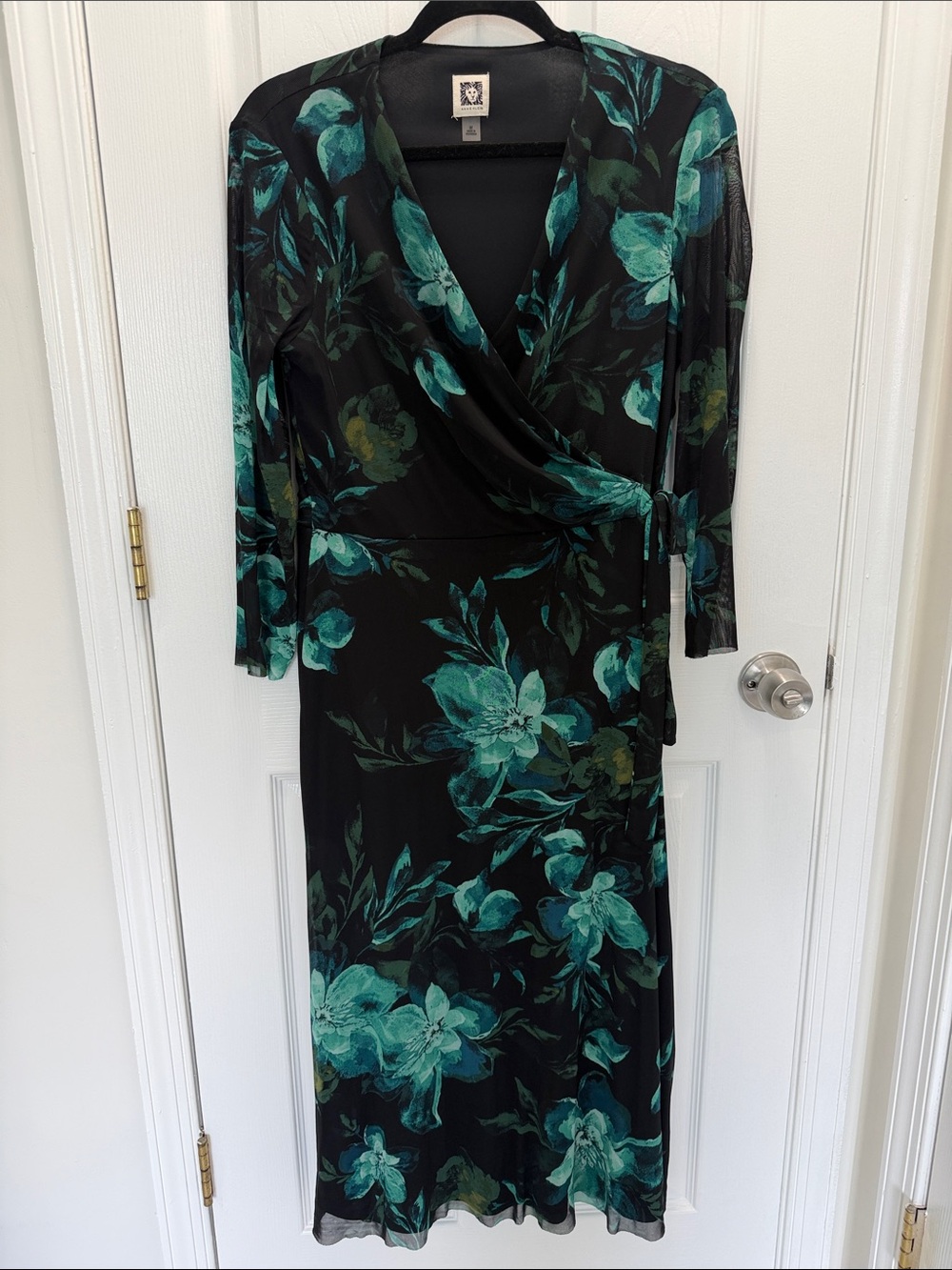 Anne Klein Black Wrap-Style Midi Dress with Teal Floral Print